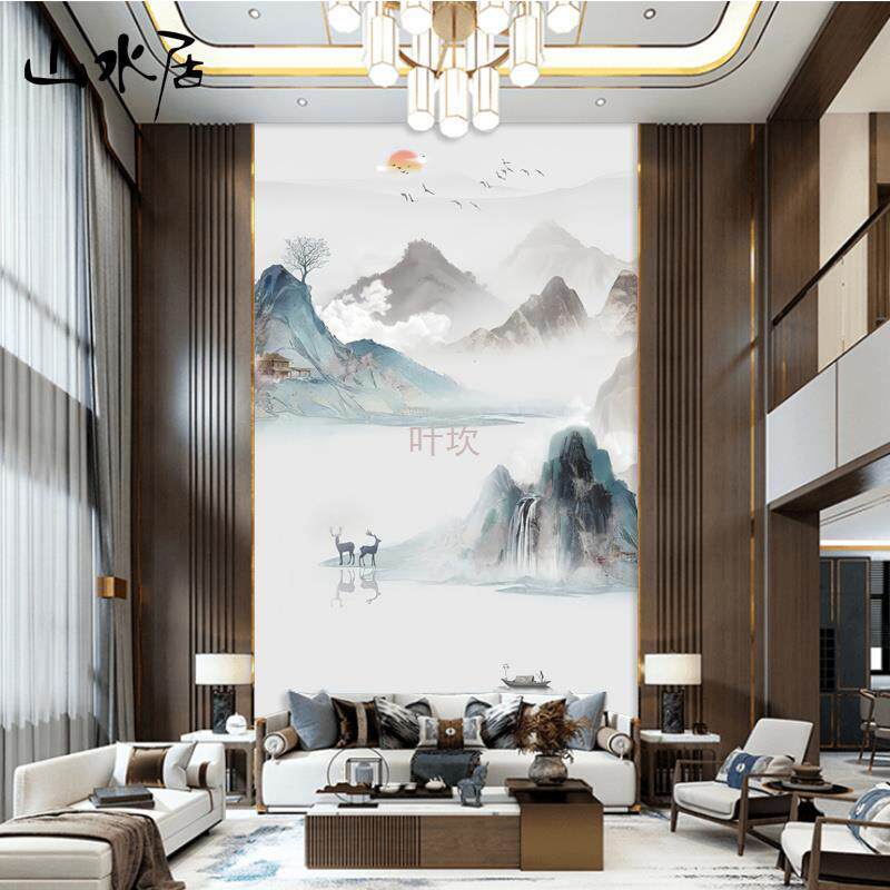 Y禊3别墅挑高复式楼电视背景墙壁纸中式客厅挑空玄关壁画影视墙布