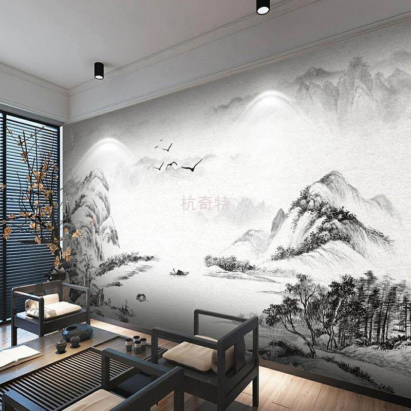 h黑白3新中式絎水墨山水画墙纸抽象泼墨壁纸客厅电视背景墙布影视