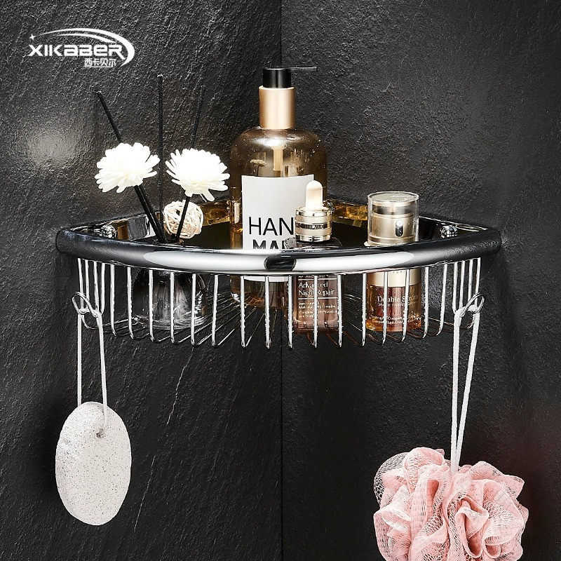 浴室三角置物架全铜卫生间淋浴房壁挂式转角收纳架三角网篮免打孔