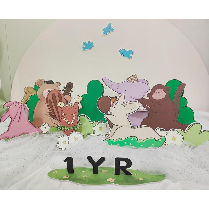 宝宝百日周岁生日桌面装饰kt板立牌森林动物音乐会牛油果色系道具