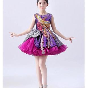 小女孩裙主持人服装儿童模特走秀长拖尾亮片