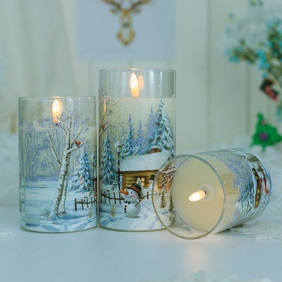 圣诞直供玻璃石蜡贴花厂家蜡烛灯雪地房子雪人圣诞节装饰氛围蜡烛
