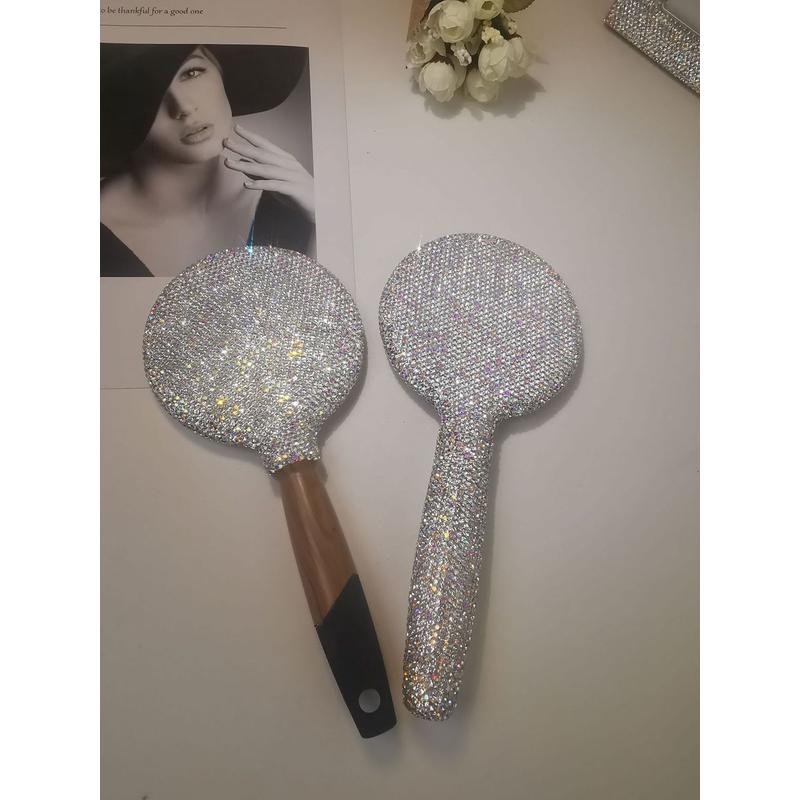 创意潮流镶钻化妆镜贴钻女手持手柄镜旅行便携随身木制小镜子批发