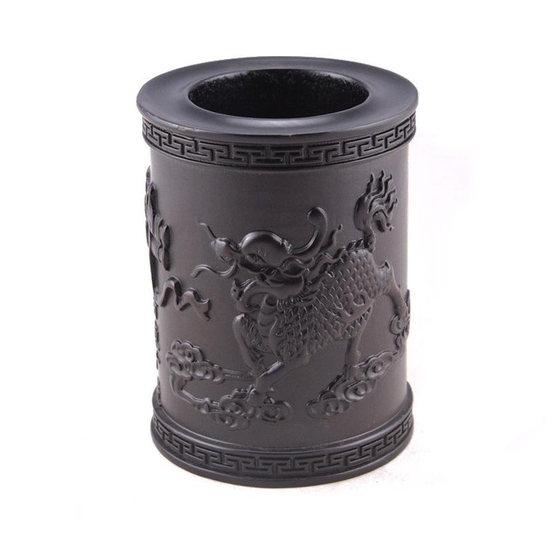 实木雕刻笔筒黑檀木浮雕工艺荷花牡丹马到成功招财麒麟厂家批发