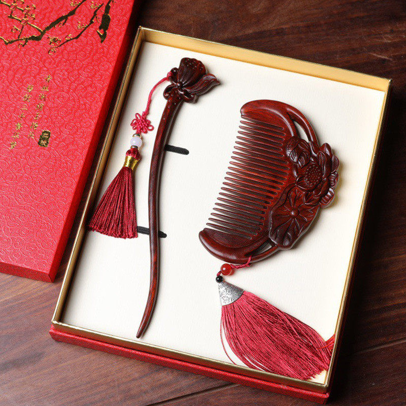 小叶紫檀木梳实木生肖兔荷韵雕刻美发梳子红木发簪套装送女友礼品