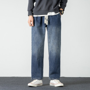 宽松显瘦做旧痞帅直筒阔腿裤 美式 新款 男春夏季 高街渐变水洗牛仔裤