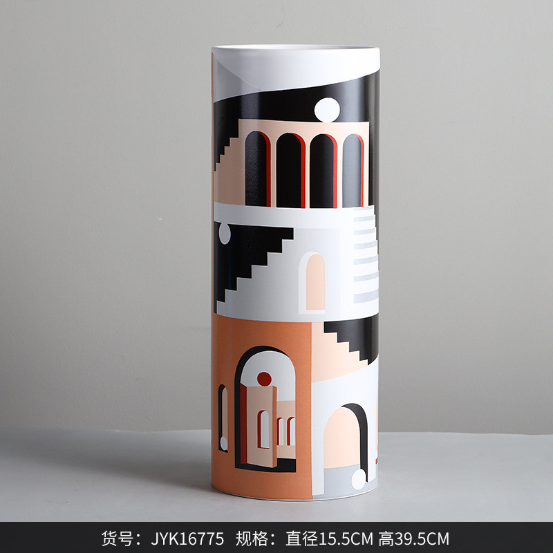 博西家居 软装谷几何图案陶瓷花瓶摆件 设计师纪念碑饰品插花器