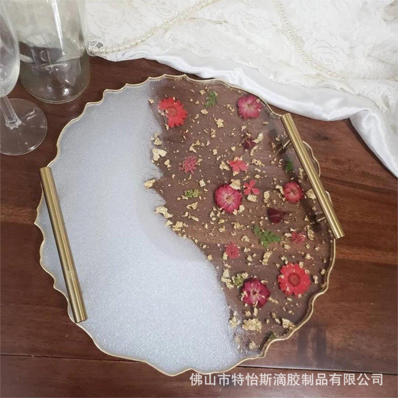 香薰托盘 托盘珠光白透明真花干花金箔法式树脂滴胶时尚把手托盘卧室置物盘
