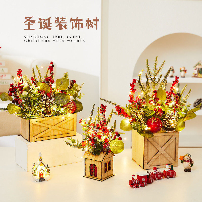 圣诞节装饰摆件圣诞小树花盆发财果桌面发光木质圣诞柜台橱窗装饰