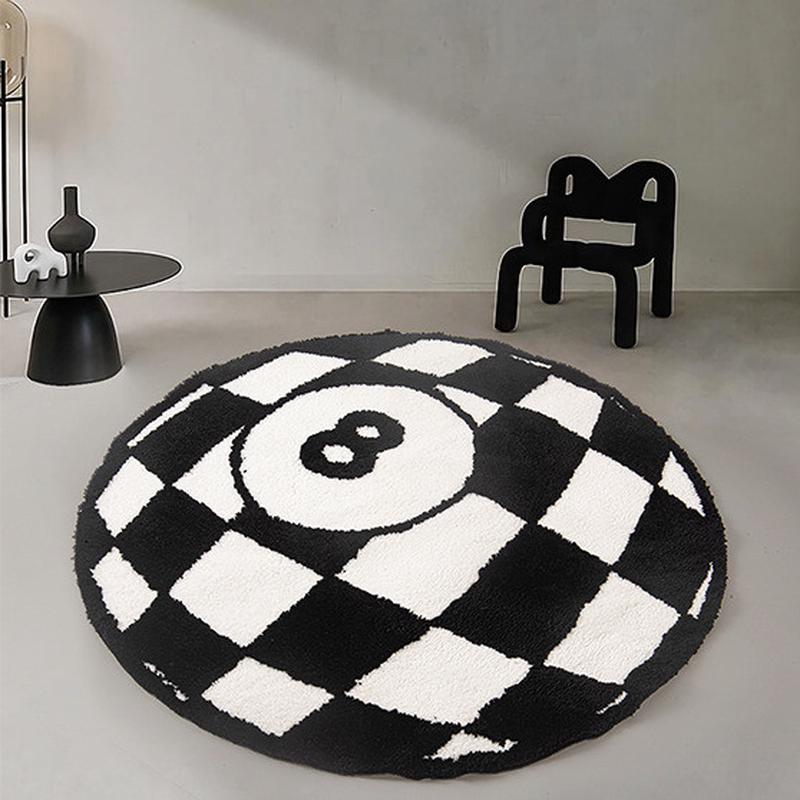 时尚圆形棋盘格台球8号植绒黑地毯8毛绒客厅卧室地毯防滑浴室地垫