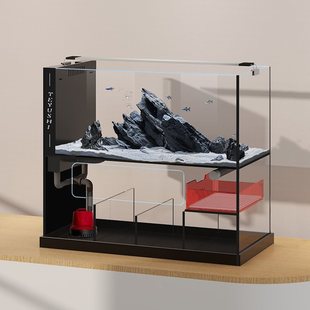 2024新款 家用客厅桌面一体溪流造景超白玻璃极窄溢流小型底滤鱼缸