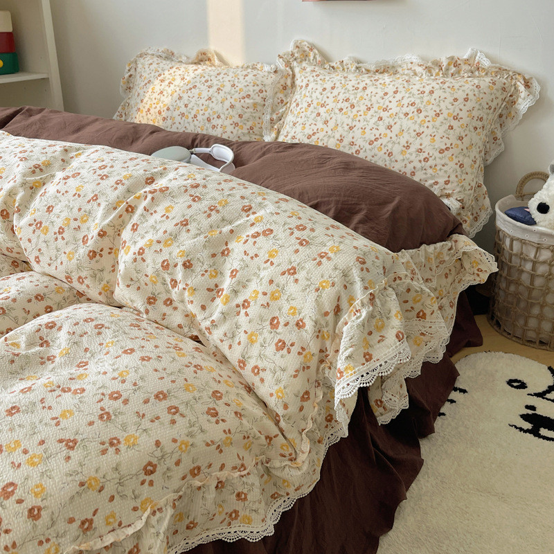 批发ins系韩亲肤水洗棉褶皱泡泡棉花边四件套公主风田园碎花4件套