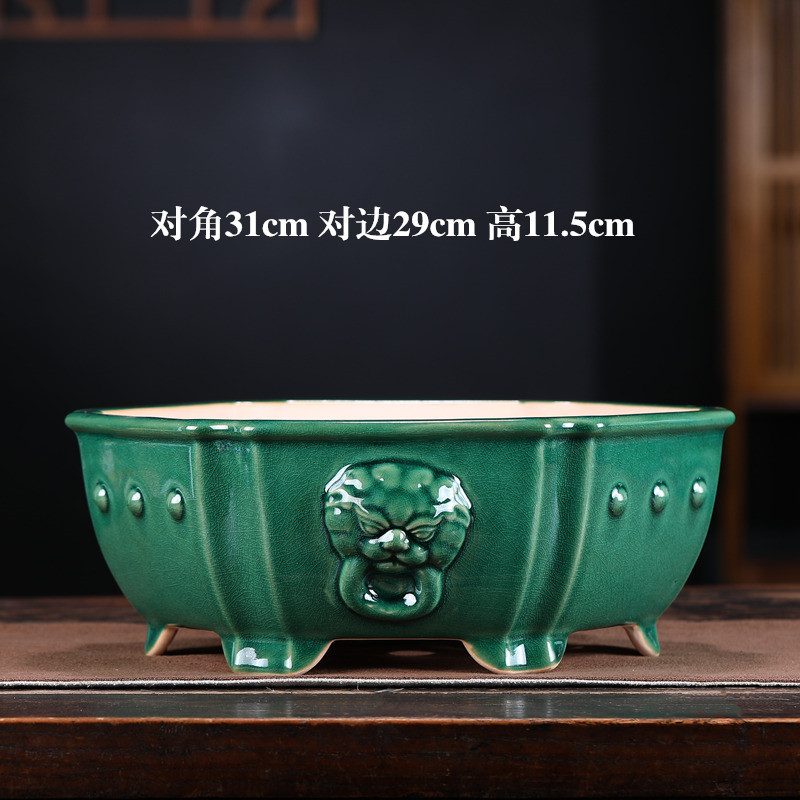 花盆陶瓷盆景盆外贸盆栽六方兽头青瓷釉冰裂纹中国风多肉老庄花盆