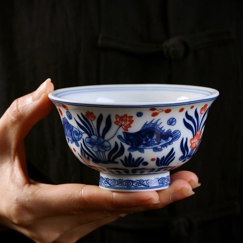 景德镇青花鱼藻纹压手杯陶瓷手工仿古单杯个人专用主人杯茶杯高档