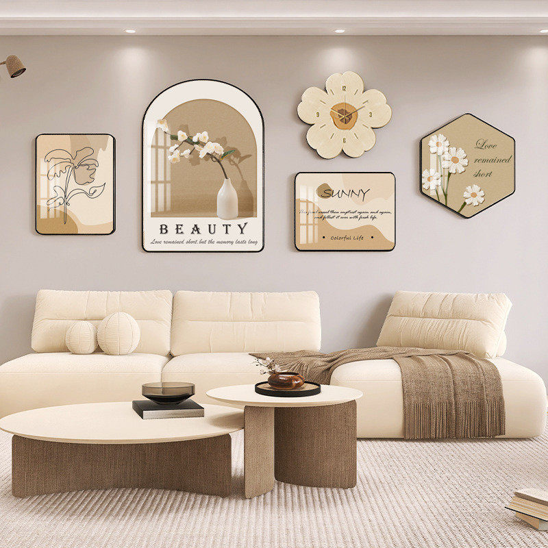 侘寂奶油组合客厅装饰画沙发背景墙挂画北欧简约带钟表风挂墙壁画,家居饰品,现代装饰画,淘宝优惠券,粉丝福利购,淘宝优惠卷