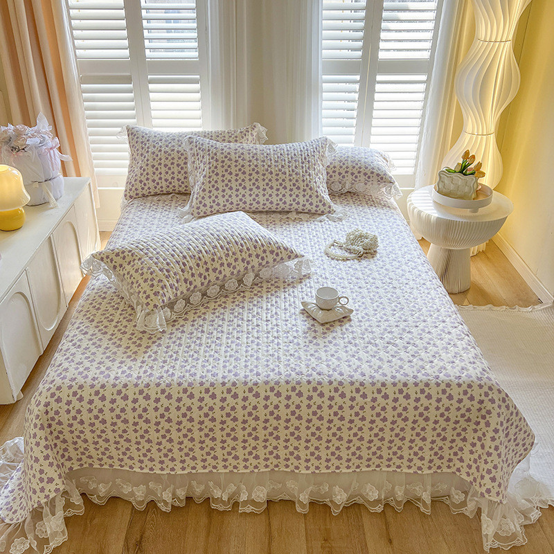 网红床盖四件套全棉花边蕾丝碎花夹棉厚单件床单枕套床裙少女心