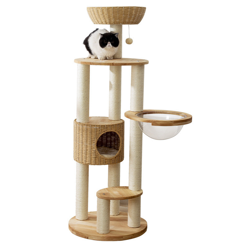 热销实木猫爬架猫窝猫树一体太空舱猫抓板编织窝藤编不占地猫架剑