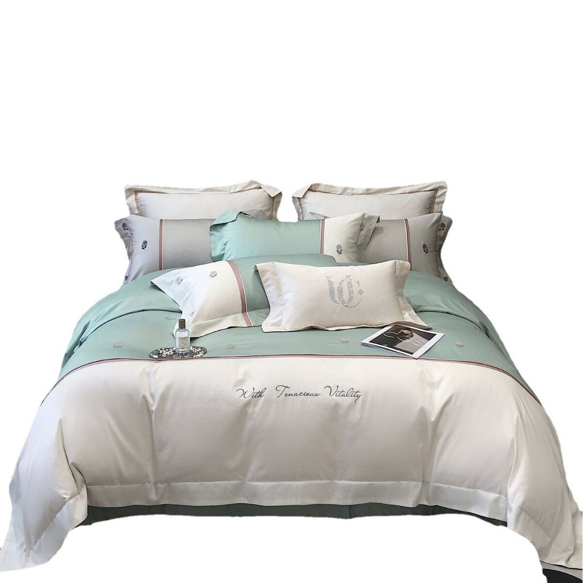 热销手绘玫瑰花绣花撞色设计师贡缎织造100S长绒棉水洗卧室四件套