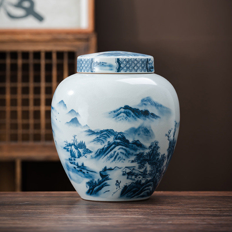 汝窑茶叶罐陶瓷密封罐精品高档可养2斤装新中式青花开片大号空罐