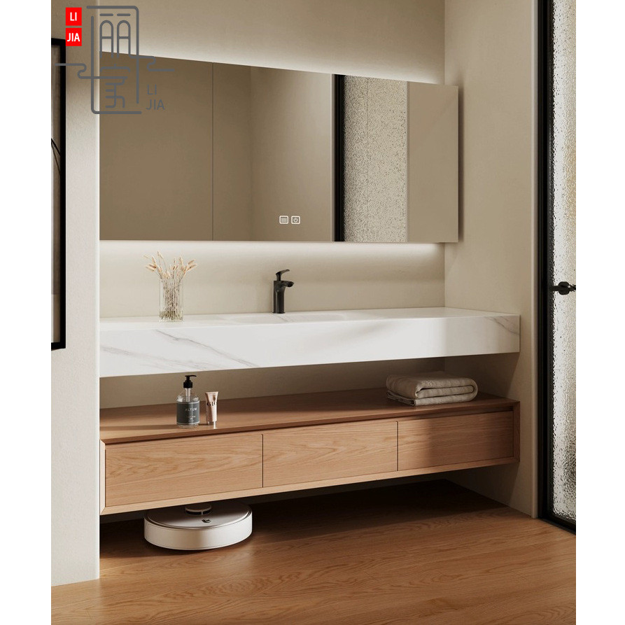 日式原木色双层板热弯一体盆浴室柜组合卫生间岩洗脸洗漱陶瓷台盆