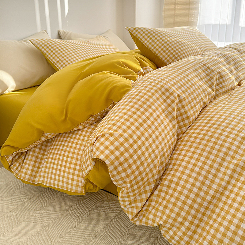 日式水洗棉格子四件套床上用品简约纯色床单被套三件套床笠款