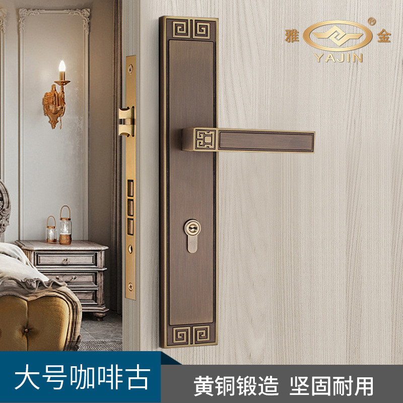 黄铜卧室门锁室内房间新中式静音黄铜双开大门锁美式轻奢家用锁具