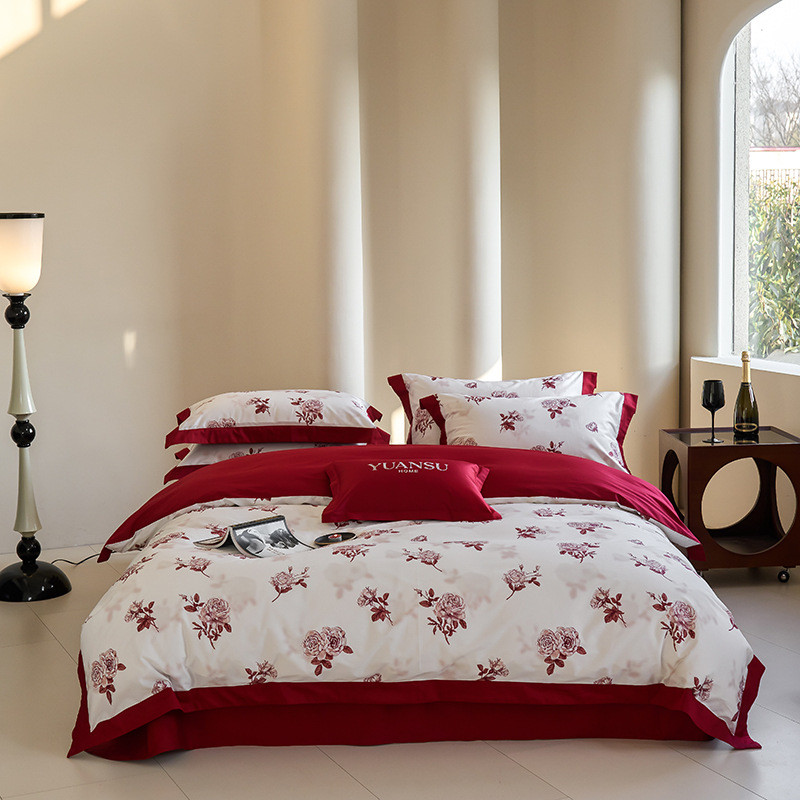 品100支爱心数码印花红色结婚被套婚庆四件套全棉床单1.8米床新款
