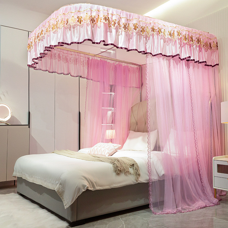 u型轨道式导轨宫廷蕾丝家用加厚1.8不锈钢支架蚊帐落地公主风1.5