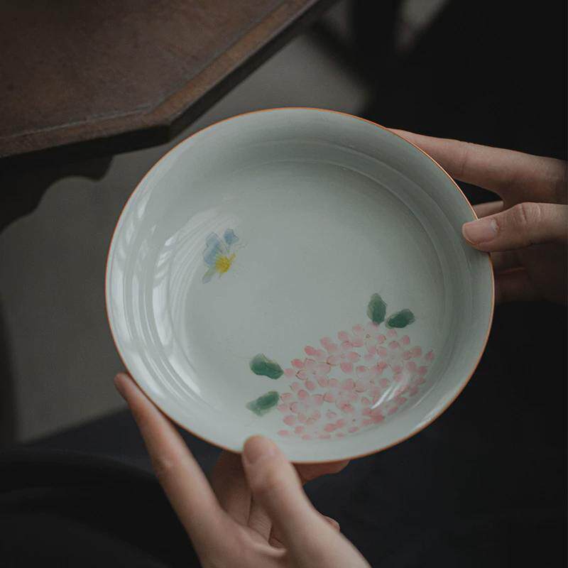 仿古青手绘绣球花壶承陶瓷圆形养壶垫壶托干泡盘果盘茶台