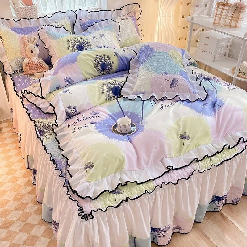 韩式夹棉网红床盖床裙花边四件套公主风可爱加厚三件套四季通用