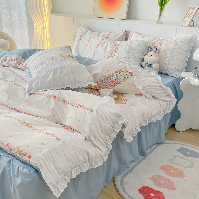 直播热款亲小清新棉韩系肤褶皱花边四件套