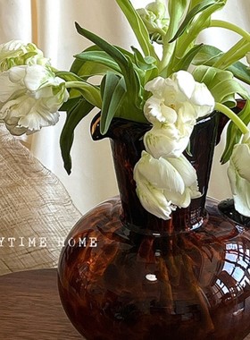 热销玳瑁中古法式风花瓶豹纹棕色高级提壶纯手工琉璃琥珀家居摆件