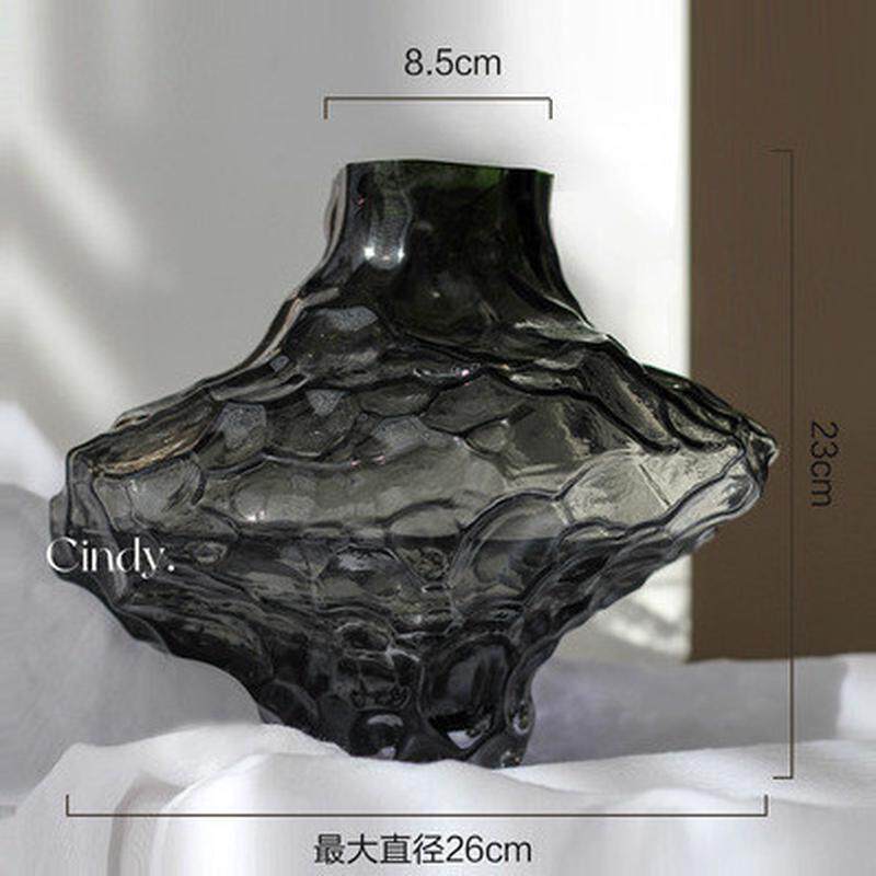 美学家居装饰摆件谷纹烟灰色不规则玻璃花瓶北欧ins风山批发