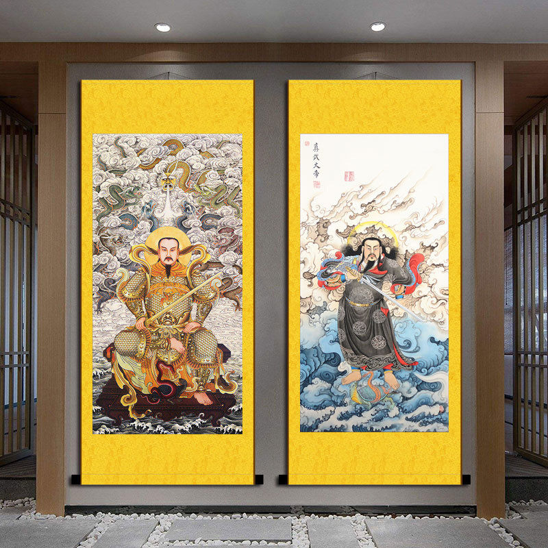 p616批发上帝真武大帝画像玄天新款神像玄关装饰画丝绸卷轴挂画