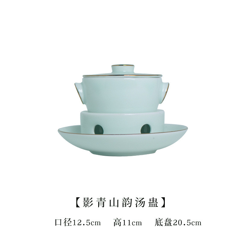 景德镇金边青瓷炖盅隔水炖盅一人食保温汤盅商用带盖甜品碗小炖罐
