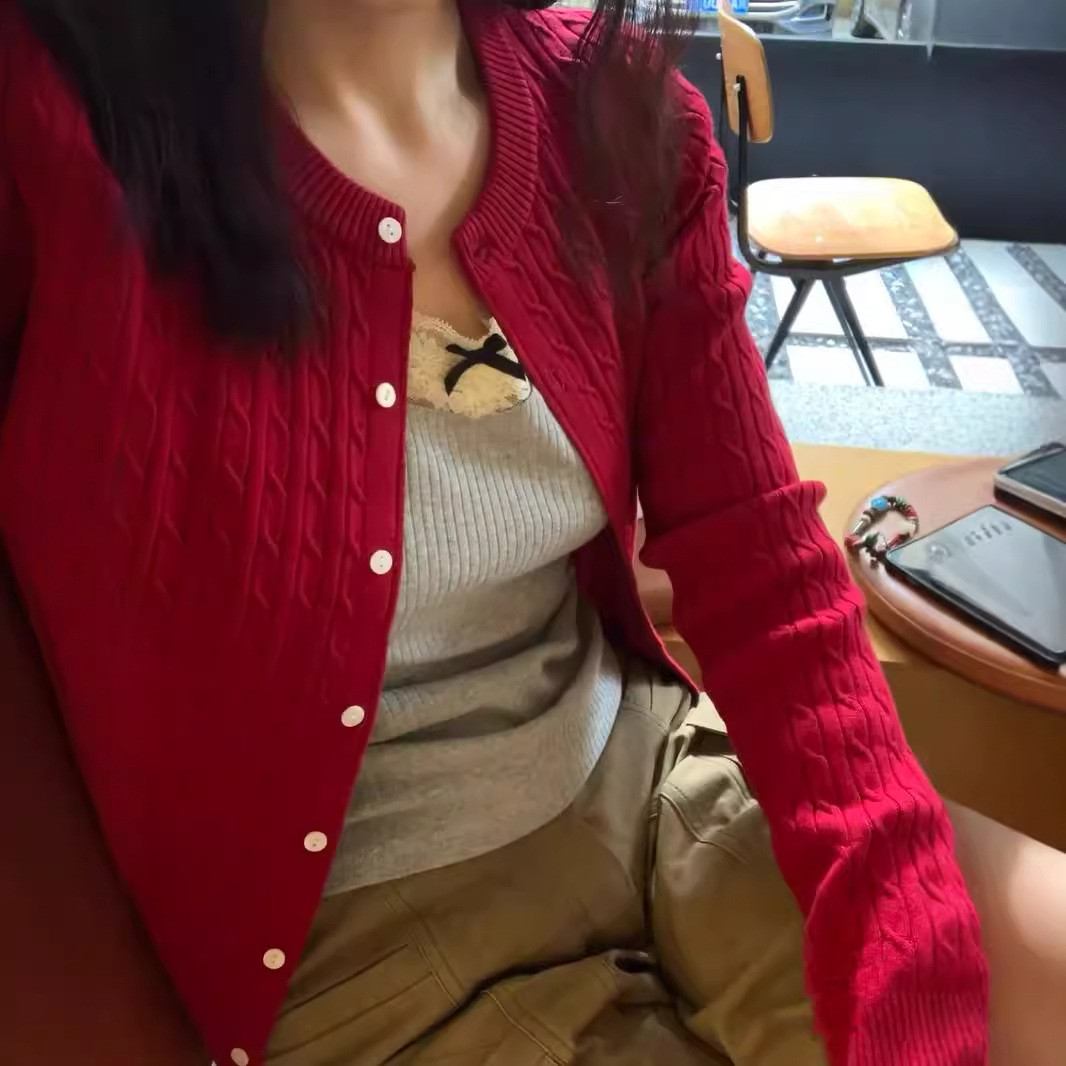 百搭复古圣诞红麻花长袖针织衫女显瘦绞花修身毛衣内搭开衫3139