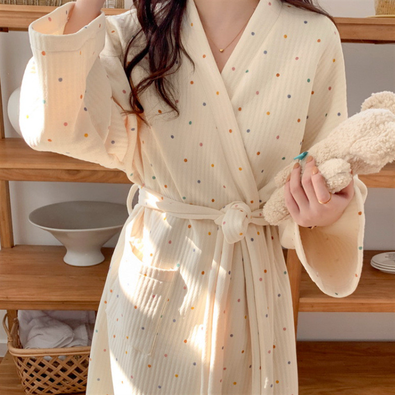 2023秋冬新款睡袍女保暖夹丝绵浴袍长款彩色圆点家居服睡袍