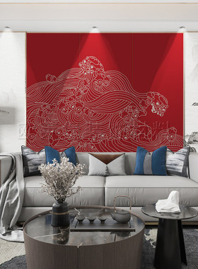 热卖新中式壁画硬包背景墙花鸟山水软包红色床头沙发电视客厅轻奢