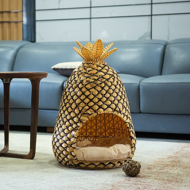 凰图宠物新款上市订制款菠萝型工艺篮猫宠猫窝藤编宠物窝猫窝猫笼