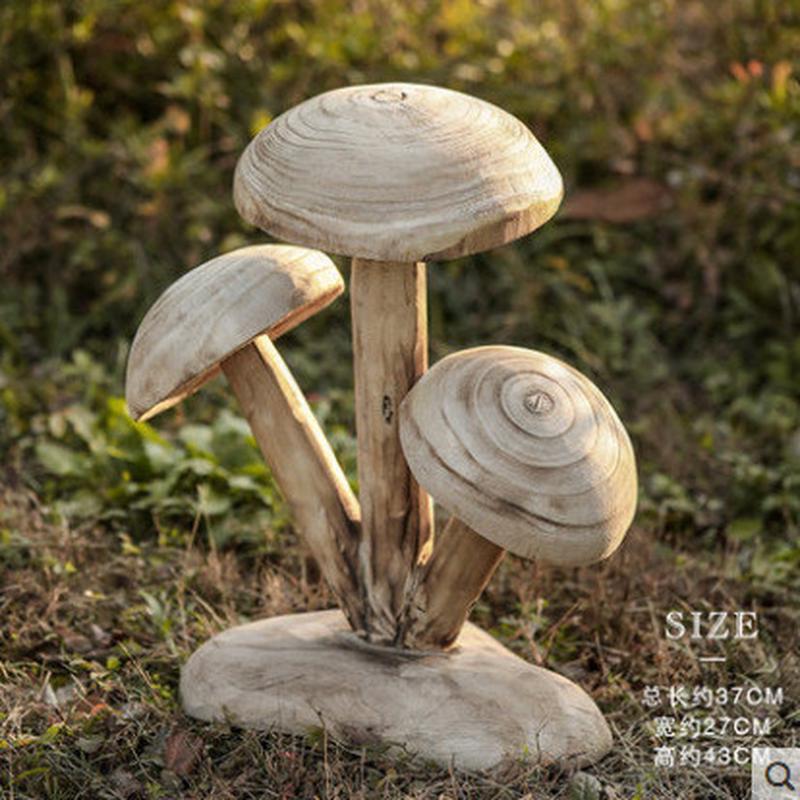 木制三头蘑菇工艺品庭院造景布置 侘寂风民宿装饰摆件景观批发