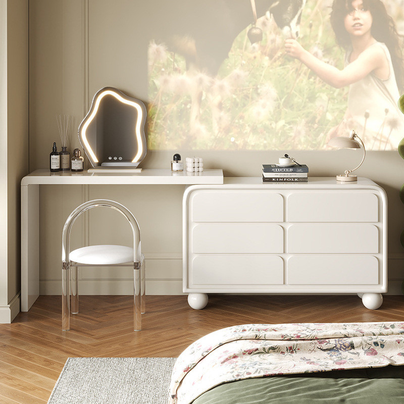 热销世纪大师奶油风梳妆台斗柜网红卧室伸缩梳妆台一体实木床尾化