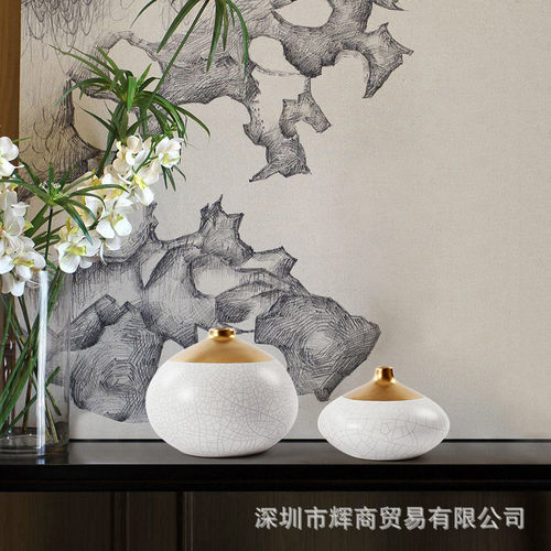 热销新中式白色花瓶茶室样板房陶瓷摆件书房室内餐桌客厅插花软装
