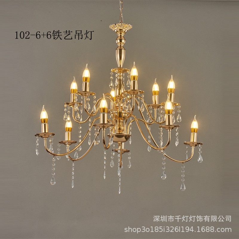 新款欧式双层水晶吊灯12头铁艺镀金空中吊顶装饰婚礼婚庆布置道具