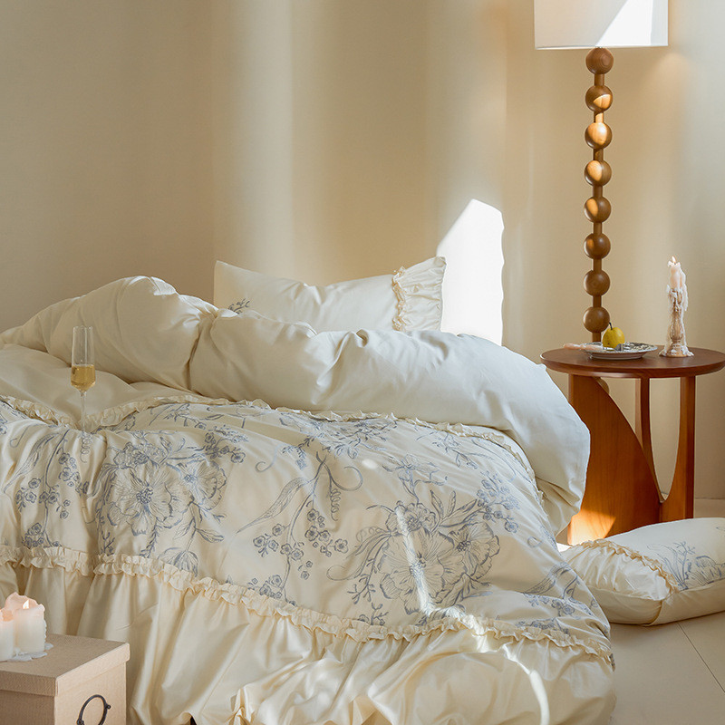 法式复古100s磨毛长绒棉四件套花边刺绣冬季褶皱全棉被套床上用品
