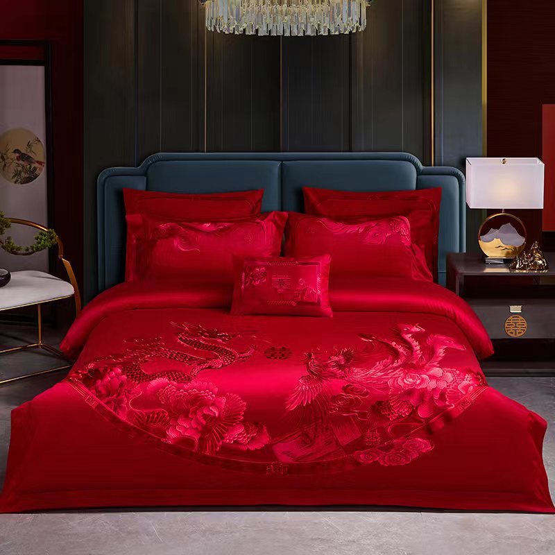 高档中式床单婚庆四件套婚嫁新品婚床刺绣大红喜庆结婚床盖十件套