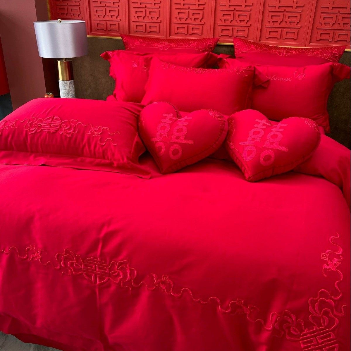 长绒棉刺绣红色四件套结婚床上用品纯色六件套备婚好物1.8米2米床,床上用品,婚庆床品套件,淘宝优惠券,粉丝福利购,淘宝优惠卷