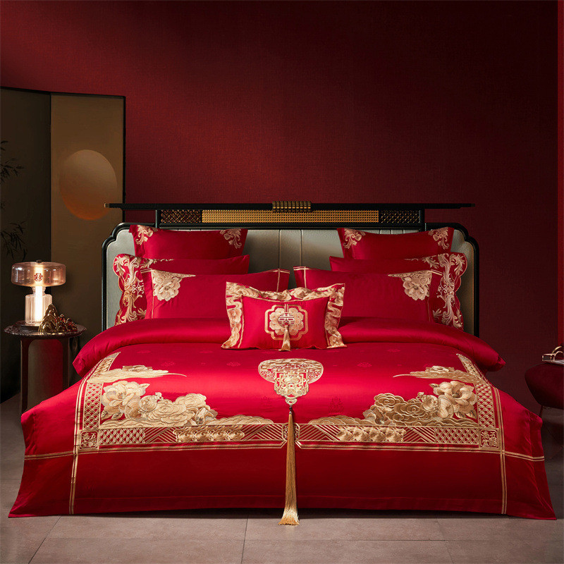 新婚庆100支提花长绒棉全棉大龙凤四件套床上用品婚礼陪嫁喜庆被