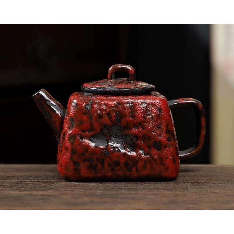 粗陶老岩泥汉中单壶秤砣茶壶家用功夫茶具球孔过滤描金泡茶器四方