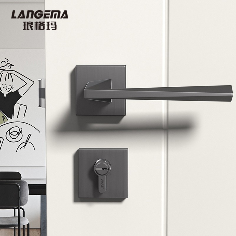 琅轻奢北欧门锁灰色室内静音锁卧室书房拉丝锌合金格玛木门执手锁