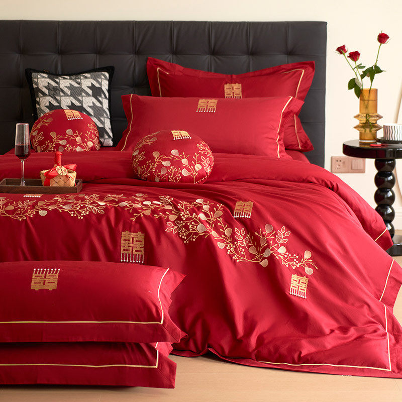 浪漫婚庆全棉床单四件套红色100支大红刺绣婚嫁被套床上用品陪嫁,床上用品,婚庆床品套件,淘宝优惠券,粉丝福利购,淘宝优惠卷